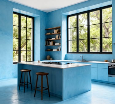 Modern kitchen with blue microcement walls and floors, featuring a minimalist island and large windows.