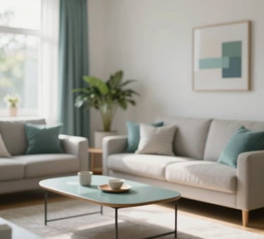 A bright, impeccably clean residential living room with minimalist furniture, sun-drenched atmosphere, featuring subtle accents of #3F6C7D and #A8D0DB in the decor, reflecting a modern and trustworthy home environment.