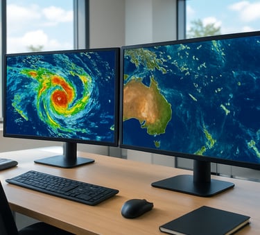 A professional meteorologist workstation in a modern New Caledonian office, showing large monitors with colorful satellite maps of the South Pacific, bright and airy atmosphere, high-end photography.