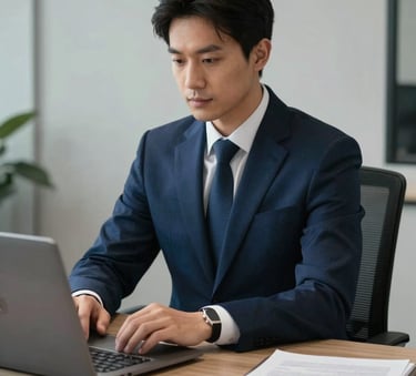 A professional individual in a North American / US corporate setting, focused on a clean and minimalist workspace, lighting highlighting deep slate and midnight blue textures, sharp and sophisticated photography.