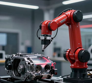 A sophisticated, high-tech quality inspection station in a modern automotive factory. A robotic sensor arm checks a metallic car part. Lighting is professional and cinematic with deep black shadows (#1A1A1A) and sharp crimson highlights (#A5002C) reflecting off the metal.
