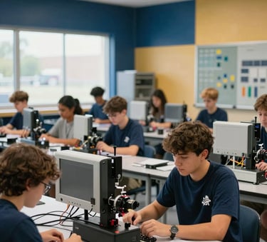 A professional photography shot of a high-tech vocational classroom in North Tulsa, Oklahoma. Students are engaged in hands-on learning with modern engineering equipment. The room is filled with bright, natural light, emphasizing a sense of hope and educational progress. Deep navy blue and goldenrod accents are visible in the room's interior design.