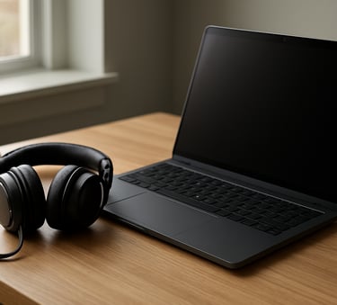 A high-performance laptop and professional headphones resting on a clean wooden desk in a modern North American home office, soft natural lighting from a nearby window.