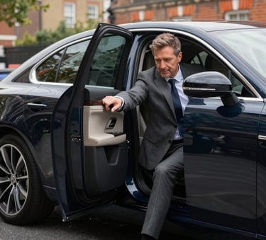 A professional driver in a charcoal grey suit holding open the door of a sleek, dark navy executive car parked on a clean suburban street in Wembley, London. European / British style, soft morning lighting, professional and welcoming atmosphere.