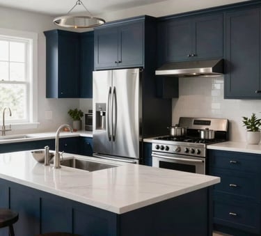 A wide shot of a modern, open-concept North American / US kitchen remodel with high-end stainless steel appliances, dark navy blue cabinetry, and white quartz countertops, bright natural lighting, sharp professional photography.