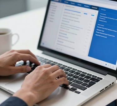 A close-up of a professional's hands typing on a high-end laptop in a bright Middle Eastern / Gulf office. The screen shows a professional marketing dashboard with sky blue and royal blue highlights. The atmosphere is modern and premium.