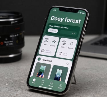 A high-end smartphone on a desk in a North American / International creative studio, showing a user-centric interface design, Deep Forest Green and Muted Sage Green tones, clean professional lighting.