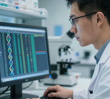 A close-up photograph of a scientist in a modern North American laboratory, focusing intently on a digital display showing complex DNA sequence data, clean and professional lighting with soft medium blue and light blue tones.