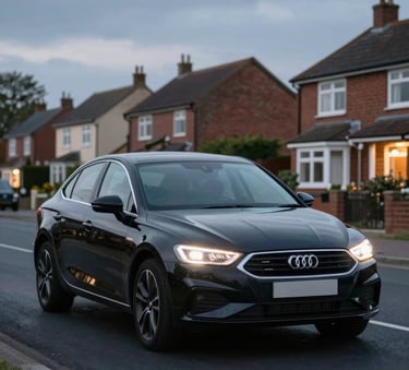 A modern, clean black car driving through a quiet suburban British / UK neighborhood at dusk, headlights illuminating the road, professional and efficient atmosphere.