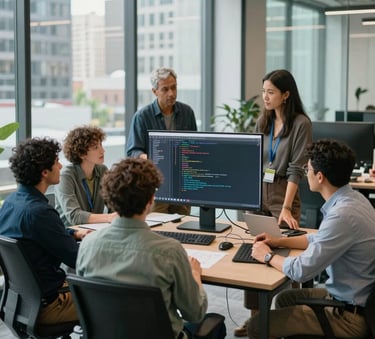 A diverse group of professional tech developers in a modern glass-walled office in a U.S. city, wearing smart casual attire, engaged in a collaborative discussion around a large monitor showing code. Lighting is bright and natural with a professional ambiance, featuring hints of deep teal and pale mist in the office decor.