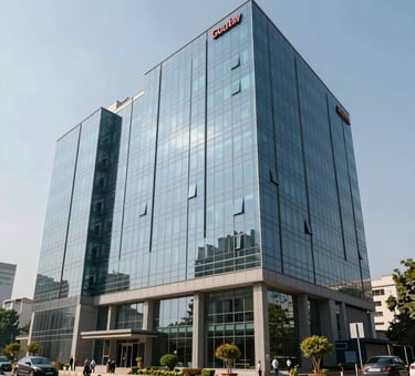 A modern glass-fronted commercial office building in Gurugram business district, bright daylight, sleek architecture, South Asian setting.