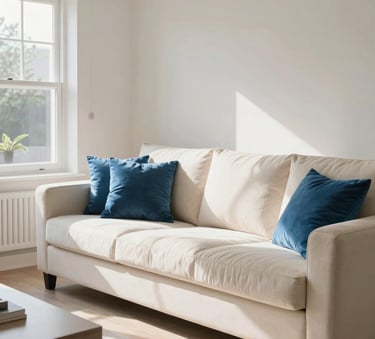 Photography of a modern, clean living room in a British home, sunlight streaming through windows, pristine cream-colored sofa, steel blue cushions, impeccable presentation and spotless environment.