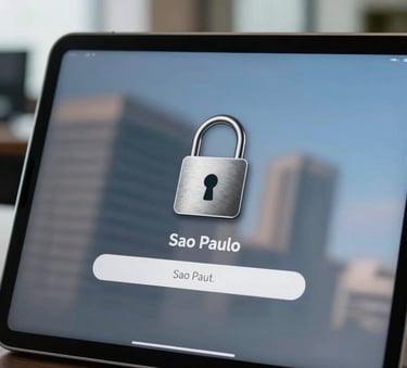 A close-up photograph of a professional tablet display showing a secure login interface with a metallic lock icon, set against a blurred modern office in Sao Paulo, South American / Brazilian corporate setting, featuring a palette of slate grey and sky blue.