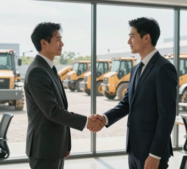 A sharp, modern photograph capturing a professional handshake between two individuals in business attire within a bright, contemporary North American office. Through the large glass windows behind them, a fleet of heavy equipment is neatly organized in a sunlit lot. The scene radiates trust and successful partnership.