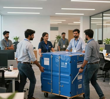 A professional photography shot of an office relocation in progress in a modern Indian tech park. South Asian staff are watching as movers transport large, blue-labeled crates efficiently. Professional, bright, and organized atmosphere.