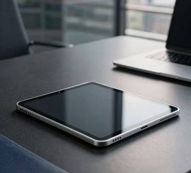 A professional desk setup in a modern tech office in a high-rise building. A premium tablet sits on a charcoal black surface, reflecting soft silver ambient light. The scene is minimalist with navy slate accents, focusing on modern productivity.