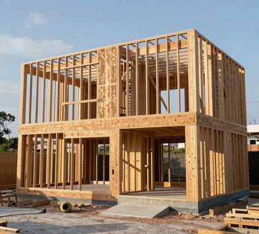 A modern South American residential home under construction showing different stages of wood and metalcon framing, clean construction site, bright morning light, professional documentary style.