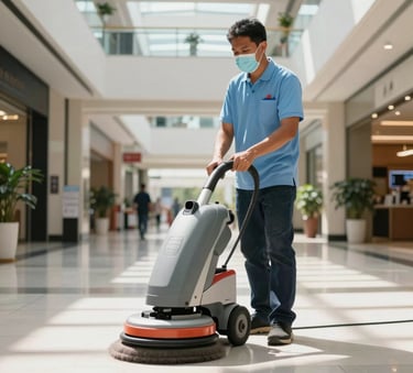 A professional South East Asian / Indonesian cleaning technician wearing a light blue polo shirt and mask, using a high-tech floor polishing machine in a spacious, sunlit mall hallway.