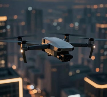 A sleek, high-end professional drone flying over a futuristic city at night, illuminated by golden neon trails. Dark and moody atmosphere using #0A0A1A with #B8A066 light reflections on the metallic surface.