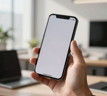 A detailed macro photograph of a person's hand holding a high-end smartphone, showcasing a clean, modern interface in a bright, sun-drenched Brazilian office space with crisp details and natural morning light.