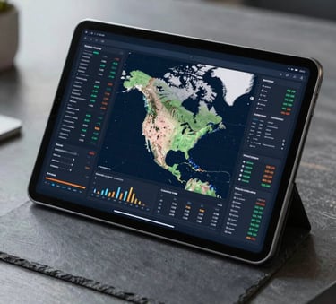 A high-end tablet on a slate grey desk displaying complex data charts and a North American energy grid map, sharp focus, professional office lighting, sophisticated tech atmosphere.