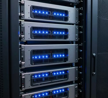 A close-up photograph of high-end server racks in a North American data center, glowing with soft blue LED lights, conveying reliability and high-performance security.