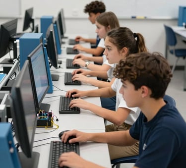 A group of secondary school students in a Spanish computer lab, focused on an engineering project. The setting is bright and modern, featuring tech equipment with navy blue and light blue accents. European / Spanish context.