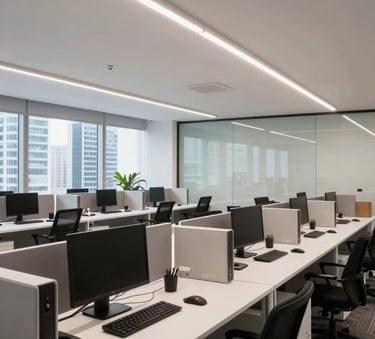 A professional wide-angle shot of a clean, contemporary office space in a Brazilian business district. The composition highlights orderly workstations with modern equipment under bright, efficient LED lighting, reflecting a reliable and professional corporate atmosphere.