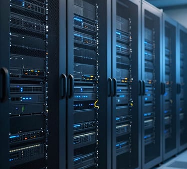 A high-tech server room in a North American data center with rows of sleek equipment cabinets. The lighting is a cool navy and medium blue, creating a professional and futuristic atmosphere.