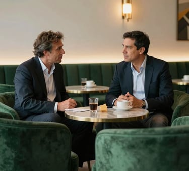 Two professionals discussing high-level strategy in a prestigious South American / Brazilian lounge. The setting is luxurious with deep pine green furniture and soft mist white walls, illuminated by warm, cinematic lighting.