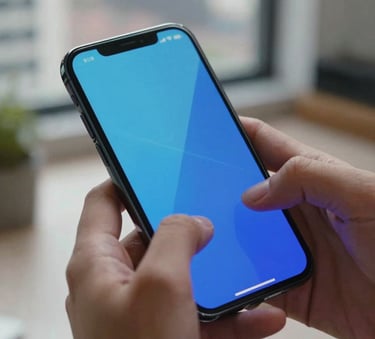 A dynamic close-up of a mobile game being played on a high-end smartphone in a North American / US urban loft. The screen reflects vibrant light blue and deep blue game interface light on the user's hands.