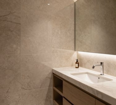 A luxury master bathroom in a Southern European / Spanish (Madrid) home with beige marble walls, minimalist fixtures, and soft ambient lighting reflecting off warm taupe surfaces.