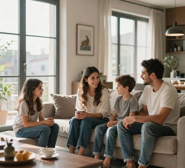 A happy family of four spending a peaceful afternoon in a modern Middle Eastern / Turkish living room, soft natural sunlight streaming through large windows, bright and airy atmosphere, high-quality professional photography.