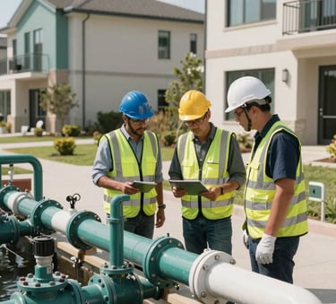 Professional engineers in safety gear inspecting a newly installed sewage treatment system at a modern residential complex, bright daylight, teal and off-white accents, North American / International setting.