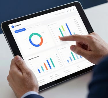 Close up of a tablet screen being used by a professional in a navy suit, showing a live dashboard of web traffic analytics. Sophisticated atmosphere with deep blue #1A202C shadows.