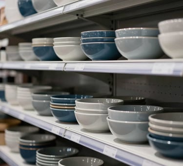 A sleek, professional photograph of high-quality household goods arranged on modern shelving in a Western European / Dutch retail environment. The image emphasizes a premium look with steel blue and light gray color palettes.