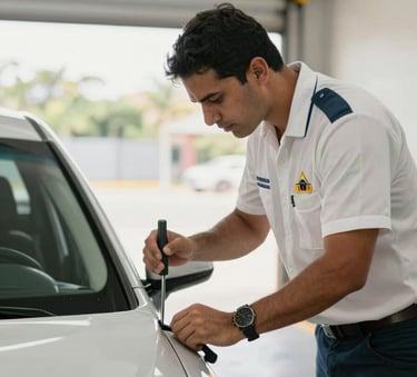 A professional inspector in South American / Brazilian attire performing a vehicle inspection on a clean car in a bright, modern garage, soft natural lighting.