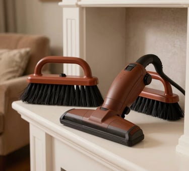 Close-up photography of professional chimney cleaning brushes and a heavy-duty vacuum in a rich brown kit, resting on a clean soft off-white hearth in a North American / US living room with warm tan accents.