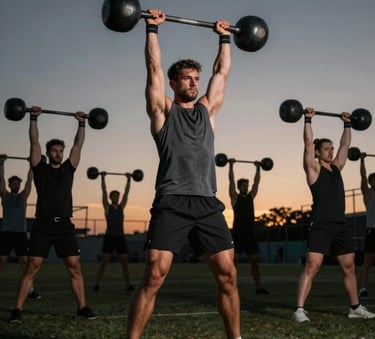 A high-action photograph of a group of athletes performing heavy kettlebell swings in a field at dusk. The atmosphere is dark and intense, with a palette of deep slate grey and silhouettes against a faint gold sunset.