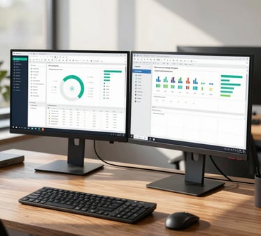 A modern professional workstation in a bright North American office featuring dual monitors displaying sophisticated data analytics dashboards, soft afternoon sunlight, and a clean mahogany desk.