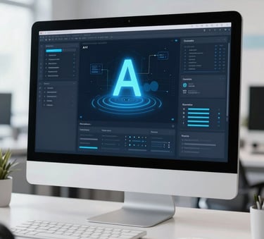 A high-end, clean photograph of a minimalist computer monitor in a bright Central European office. The screen shows a sophisticated AI dashboard with glowing light blue elements. The background is a soft-focus modern workplace with hints of white and light blue.