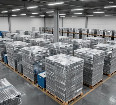 A wide-angle interior shot of a vast, modern logistics warehouse in the Middle Eastern / Gulf region. Neatly organized rows of high-stacked pallets are visible under bright LED lighting, emphasizing a clean and authoritative organizational style with silver and muted blue equipment.
