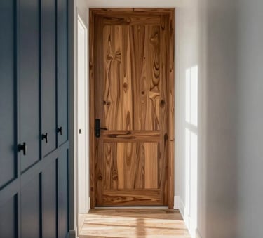 Interior shot of a beautifully remodeled hallway with custom woodwork and refined finishes in a North American / Hispanic home, warm morning light, Steel Blue and Light Gray accents.