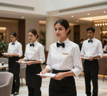 Professional hospitality staff in clean uniforms working in a contemporary Belgrade hotel lobby, Eastern European / Balkan, with South Asian / Southeast Asian focus, bright and airy composition.