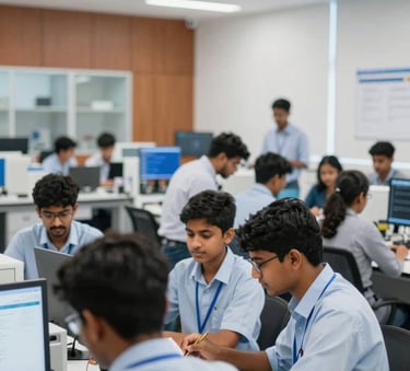 A bright, modern technology laboratory within a Sri Lankan institution, students from diverse backgrounds collaborating on a project, professional lighting, clean lines, featuring accents of #B48C5B and #0A2B2E in the decor.