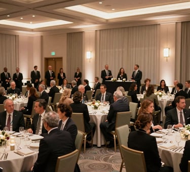 A professional wide-angle shot of a corporate gala event in a Dallas ballroom. The room is decorated in soft tan and muted sage tones, with guests dressed in professional attire. Soft, warm lighting creates a sophisticated atmosphere.