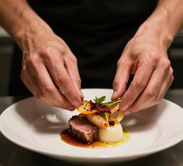 A close-up shot of hands carefully plating a gourmet dish in a professional kitchen, lit with warm, moody lighting.