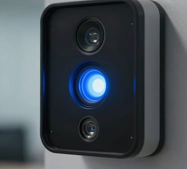 Macro shot of a high-tech biometric security sensor glowing with soft blue light in a secure corporate office in North American / International Business.