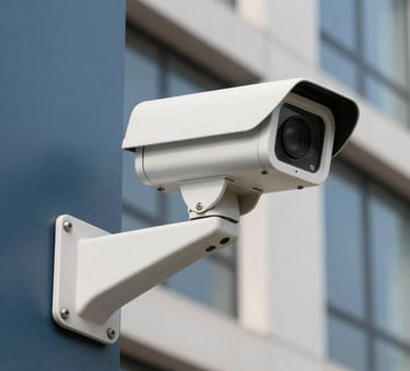 A close-up of a modern white CCTV camera mounted on a contemporary building in a South Asian / Indian urban area, sharp focus, slate blue and off-white color palette, professional photography.