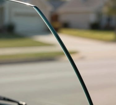 A macro photography shot focusing on the crisp, clean edge of a high-quality OEM windshield glass, showcasing its thickness and clarity against a soft-focus background of a North American suburban driveway in the bright morning light.